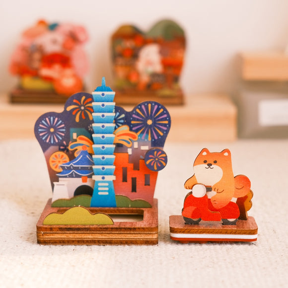 遊木時光 WOOD TIME 台湾風景 木製スタンプ収納セット 台北花火｜台灣拼風景木製印章收納組 綻放台北