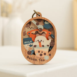 遊木時光 WOOD TIME 台湾ミニ風景 木製ミニ鏡 タピオカミルクティー｜台灣微風景木製小物鏡 珍奶貓咪