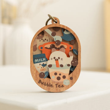 遊木時光 WOOD TIME 台湾ミニ風景 木製ミニ鏡 タピオカミルクティー｜台灣微風景木製小物鏡 珍奶貓咪