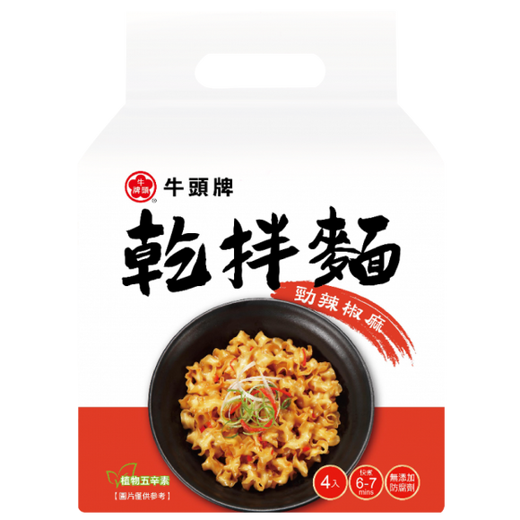 〈4食入〉牛頭牌 まぜ刀削麺 麻辣風味｜牛頭牌 勁辣椒麻乾拌麵（4食パック｜114gx4）