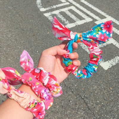 Hakka Rainy 客家花布 リボン付きシュシュ｜兔耳朵大腸髮圈｜台湾花布