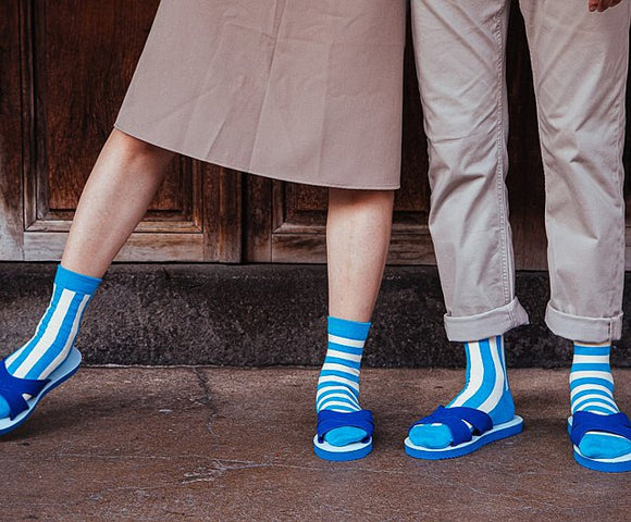 Cosi 台湾 施工現場用 青いストライプ帆布柄 ソックス（男女兼用）台湾製 靴下｜臺灣色彩系列 藍白帆布 無痕中長襪 MIT臺灣製襪子｜サイズ：S・M・L